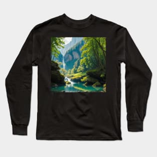 Distant Waterfall collecting into a cool pond Long Sleeve T-Shirt